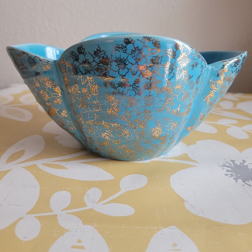 Vintage Pioneer Pottery Turquoise Bowl Vase 22K Design MCM